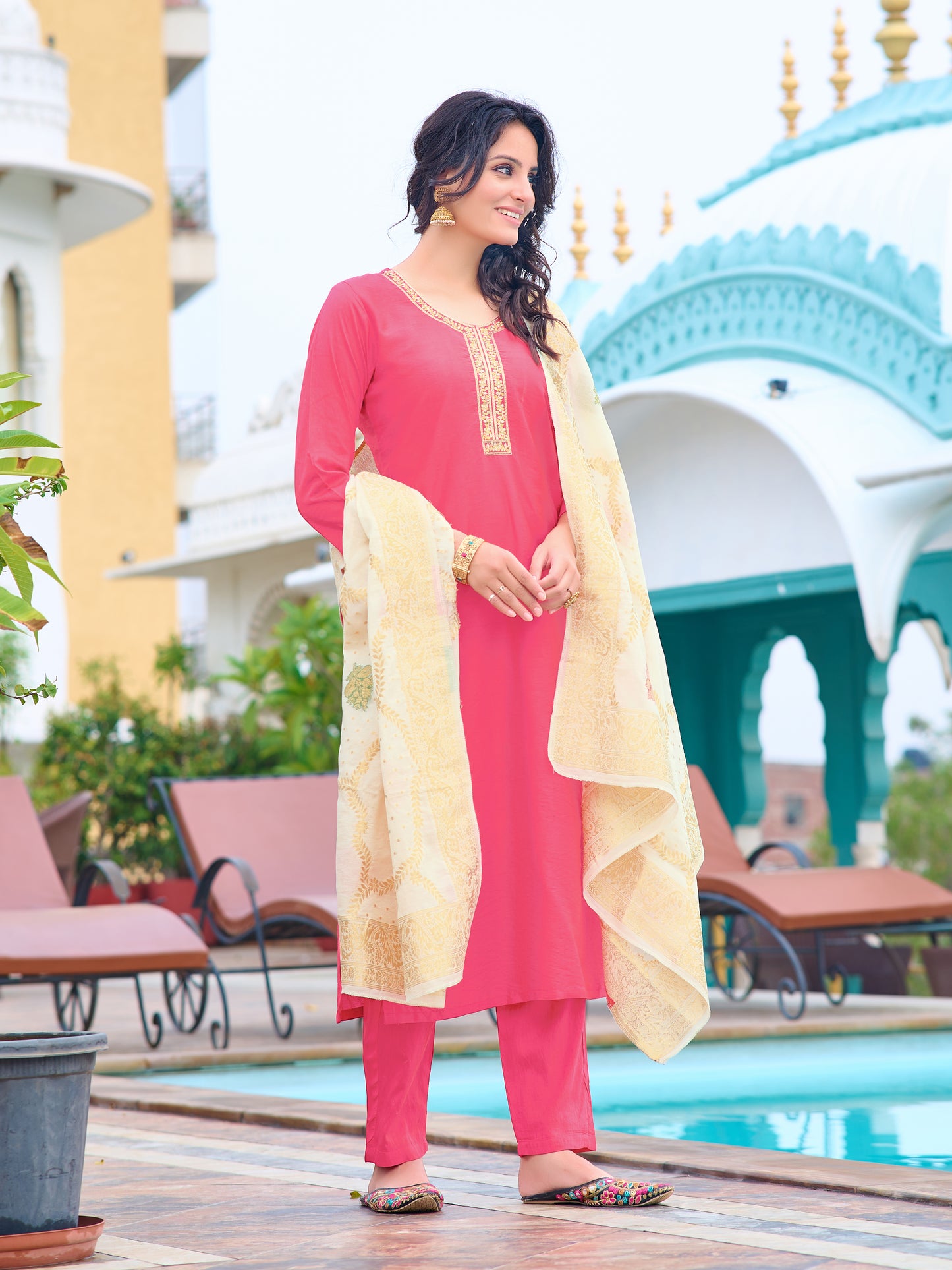 Pink Embroidered Chanderi Kurta With Pant And Dupatta Set for Women