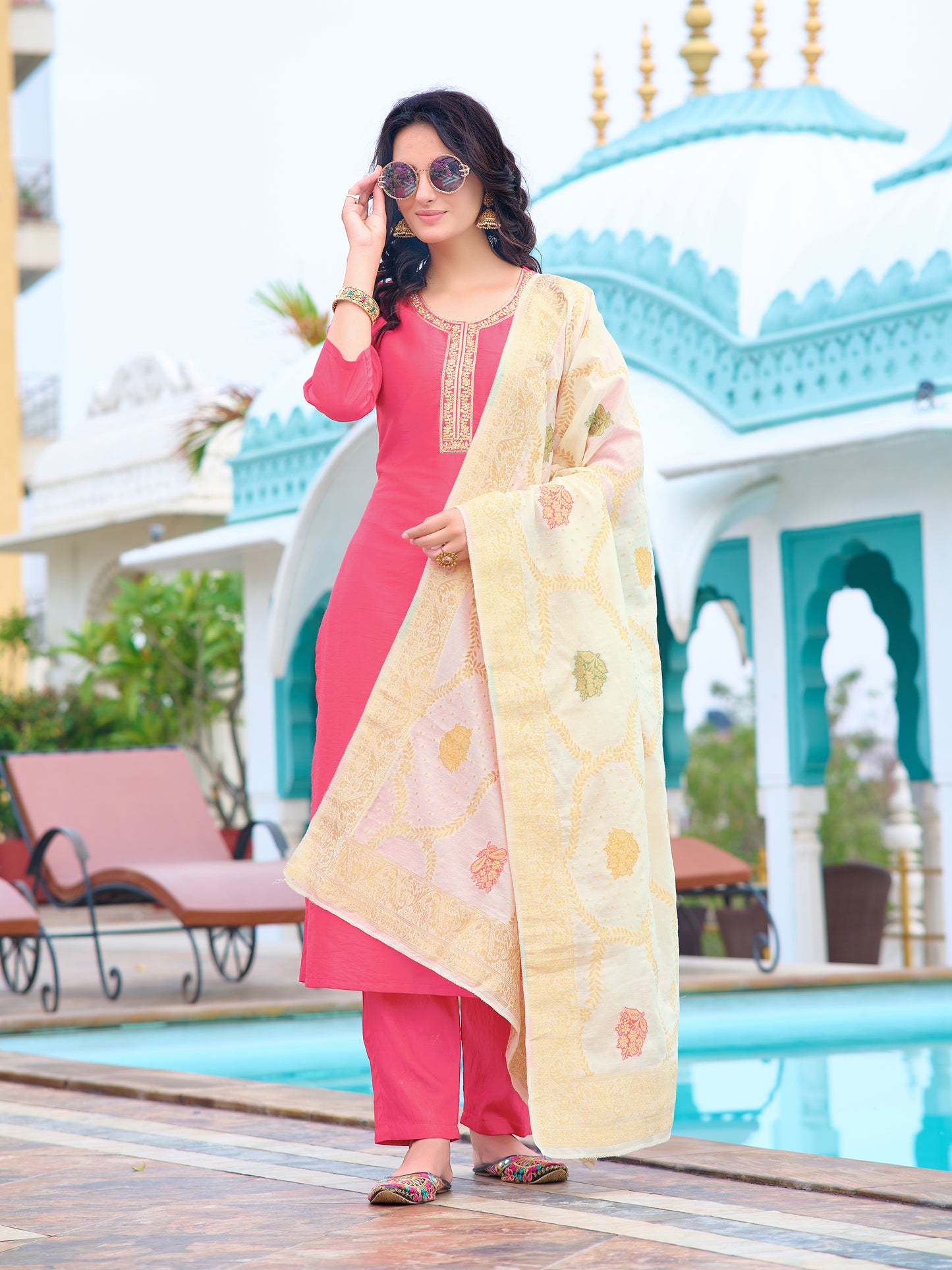 Pink Embroidered Chanderi Kurta With Pant And Dupatta Set for Women