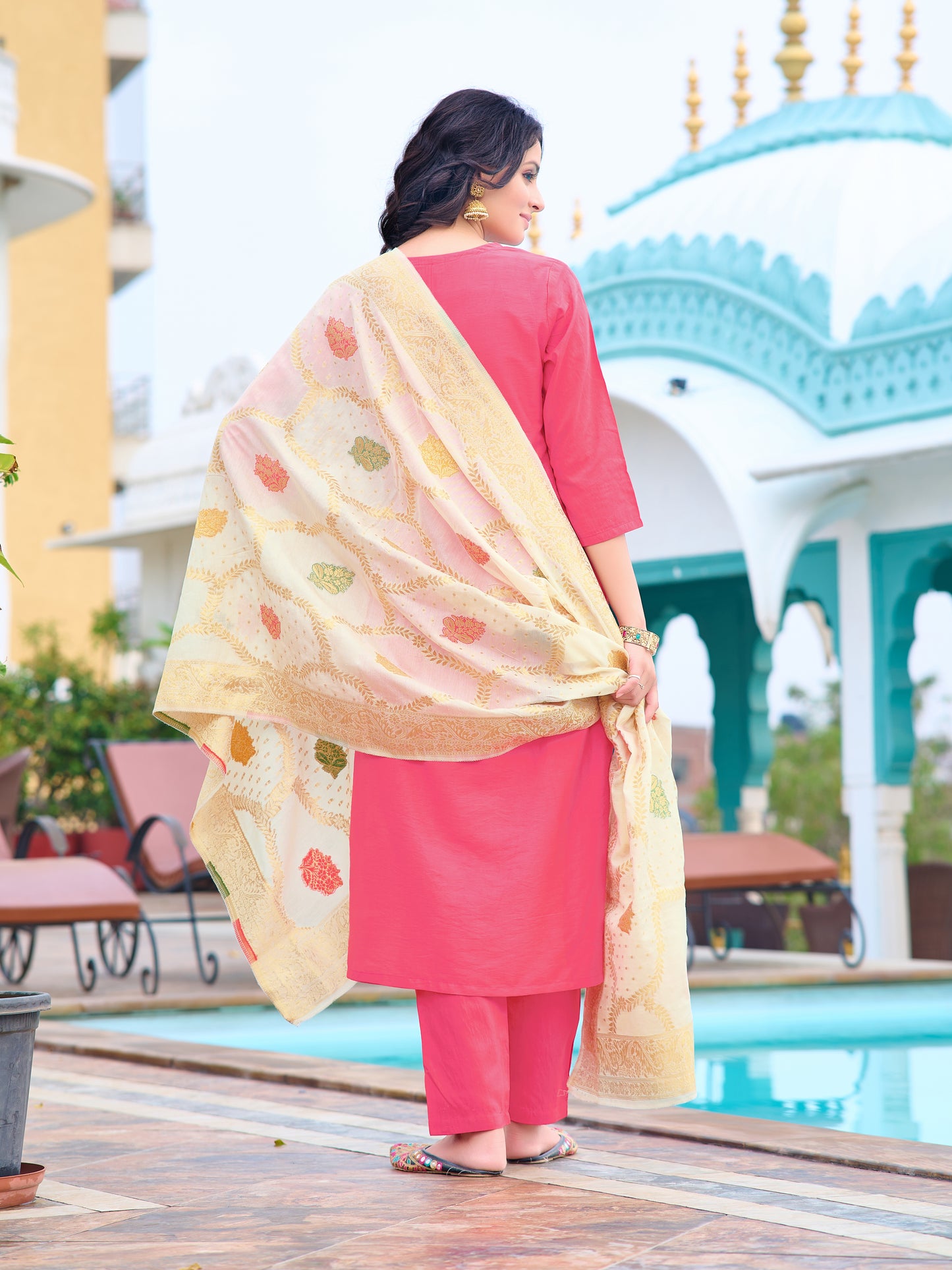 Pink Embroidered Chanderi Kurta With Pant And Dupatta Set for Women