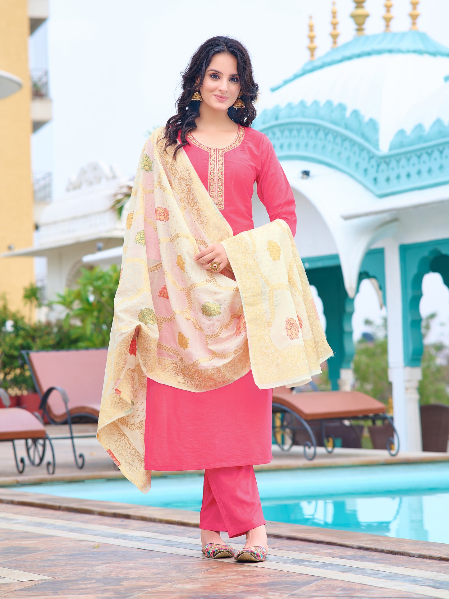 Pink Embroidered Chanderi Kurta With Pant And Dupatta Set for Women