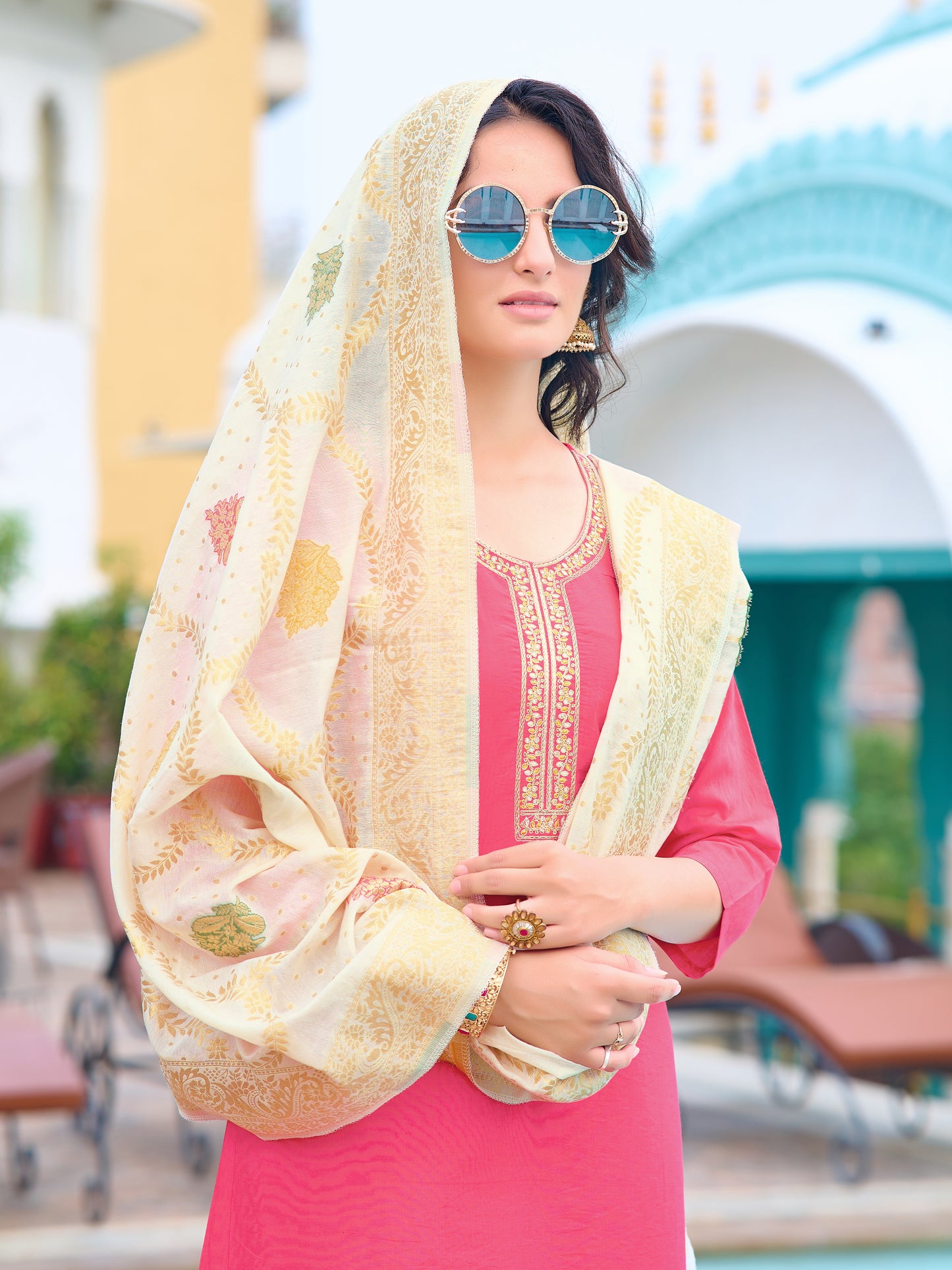 Pink Embroidered Chanderi Kurta With Pant And Dupatta Set for Women