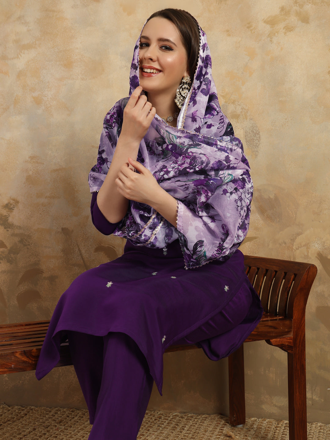 Purple Embroidered Chanderi Kurta With Pant And Dupatta Set for Women