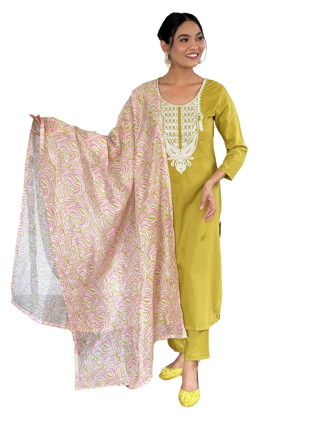 Lemon Colour Slub Magic Embroidered Straight Kurta with Slub Magic Pant And Dupatta Sets For Women