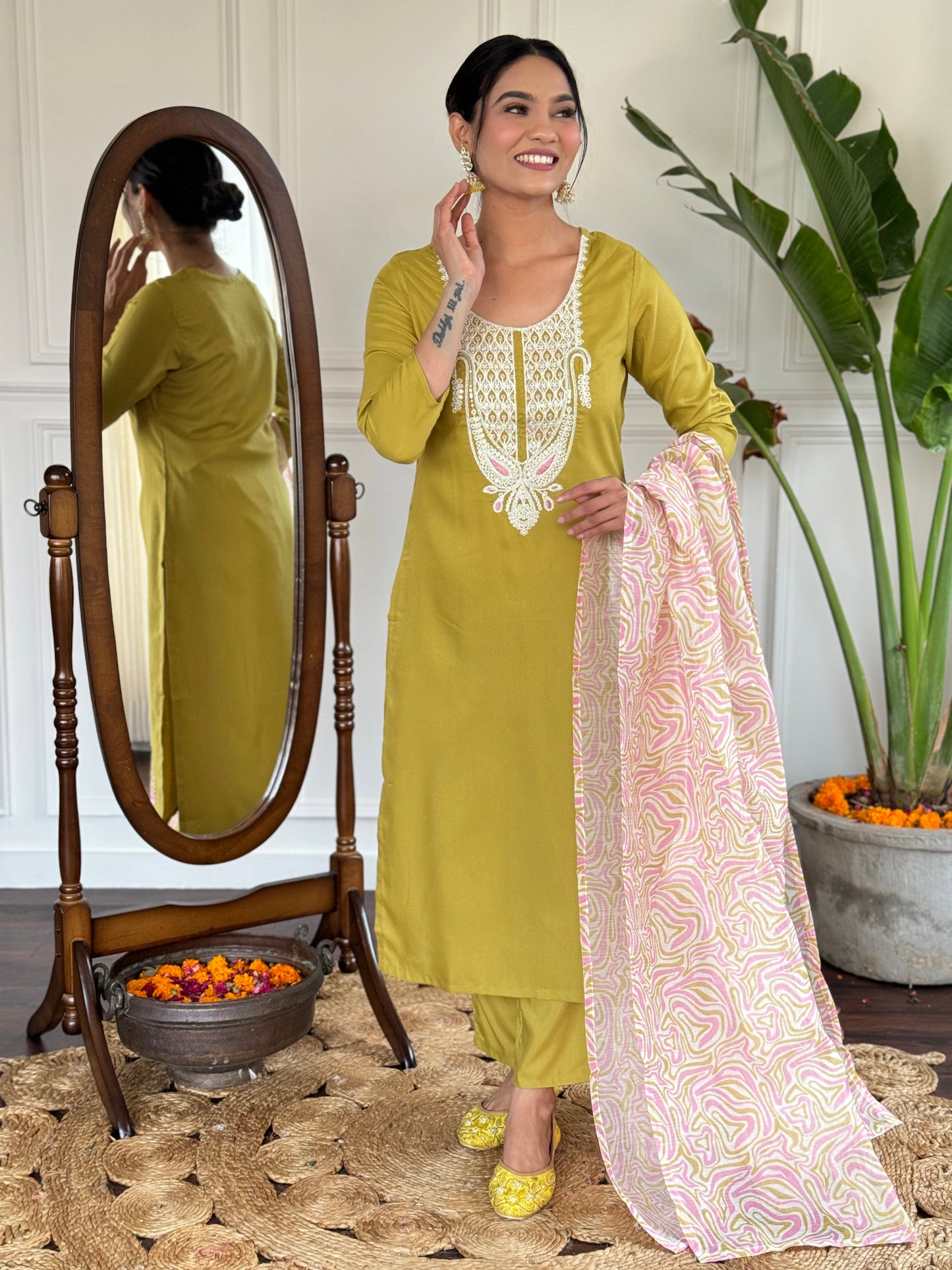 Lemon Colour Slub Magic Embroidered Straight Kurta with Slub Magic Pant And Dupatta Sets For Women