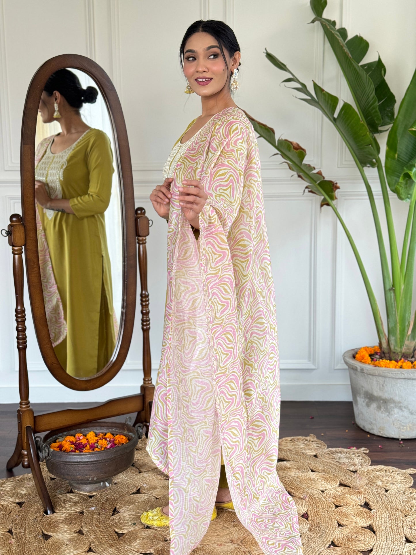 Lemon Colour Slub Magic Embroidered Straight Kurta with Slub Magic Pant And Dupatta Sets For Women