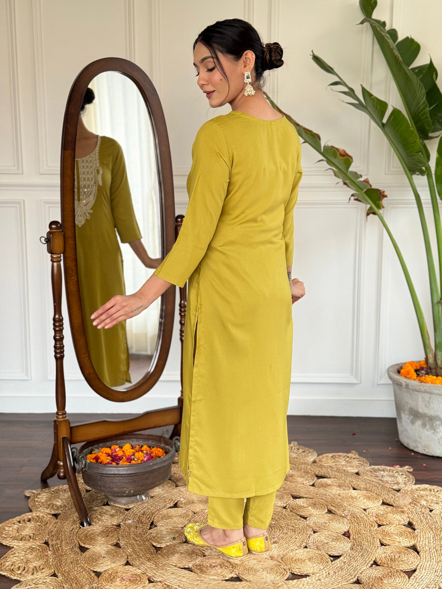 Lemon Colour Slub Magic Embroidered Straight Kurta with Slub Magic Pant And Dupatta Sets For Women