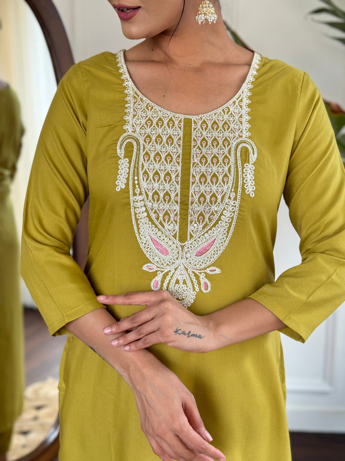 Lemon Colour Slub Magic Embroidered Straight Kurta with Slub Magic Pant And Dupatta Sets For Women