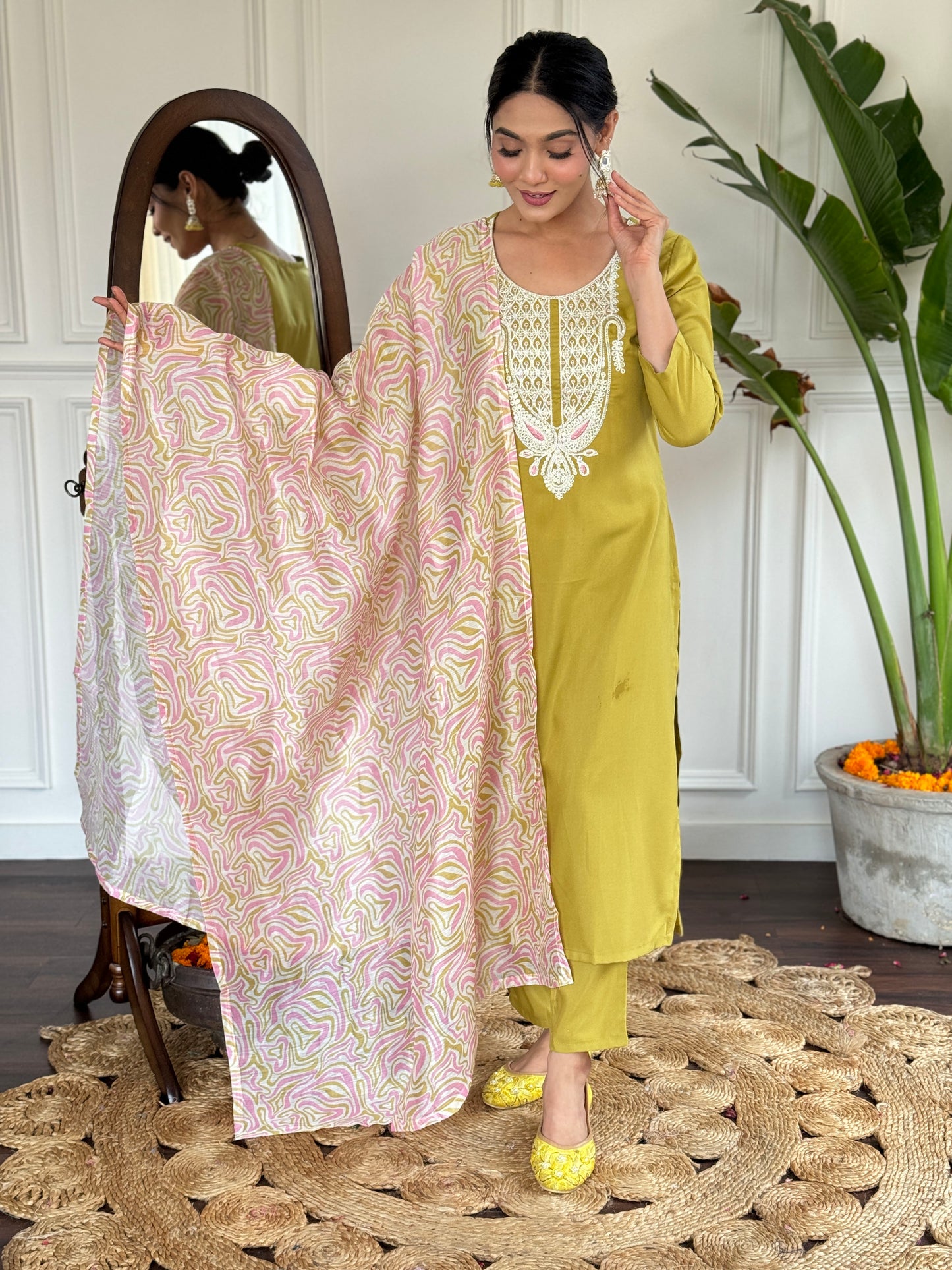 Lemon Colour Slub Magic Embroidered Straight Kurta with Slub Magic Pant And Dupatta Sets For Women