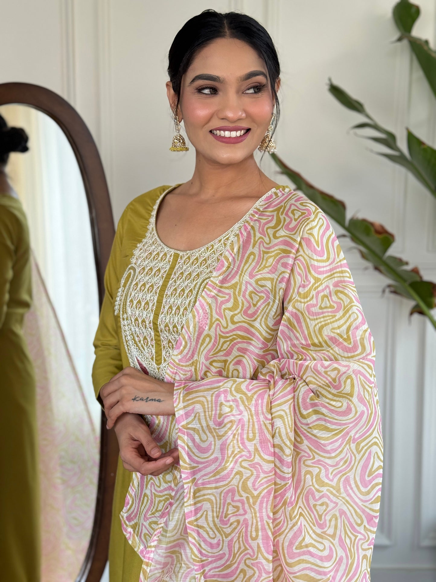 Lemon Colour Slub Magic Embroidered Straight Kurta with Slub Magic Pant And Dupatta Sets For Women
