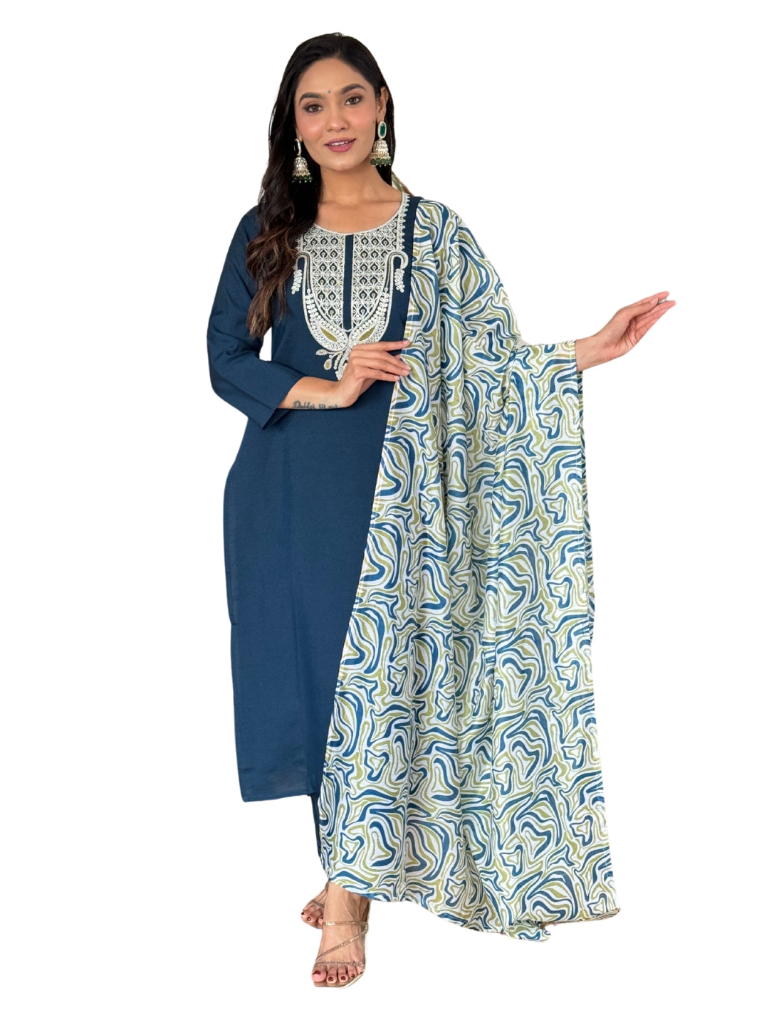 Blue Slub Magic Embroidered Straight Kurta with Slub Magic Pant And Dupatta Sets For Women