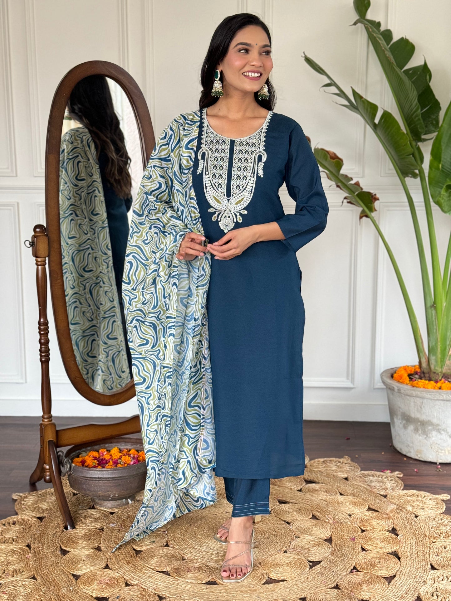 Blue Slub Magic Embroidered Straight Kurta with Slub Magic Pant And Dupatta Sets For Women