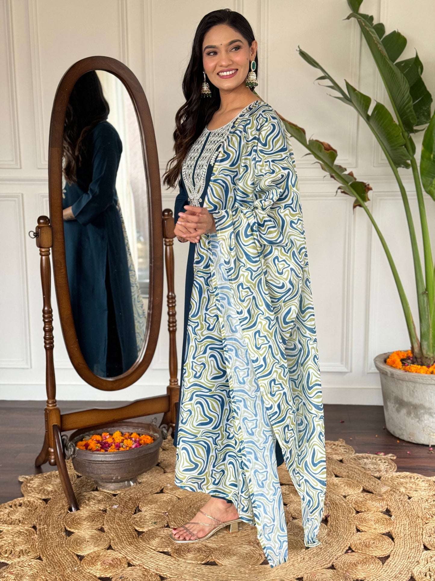 Blue Slub Magic Embroidered Straight Kurta with Slub Magic Pant And Dupatta Sets For Women