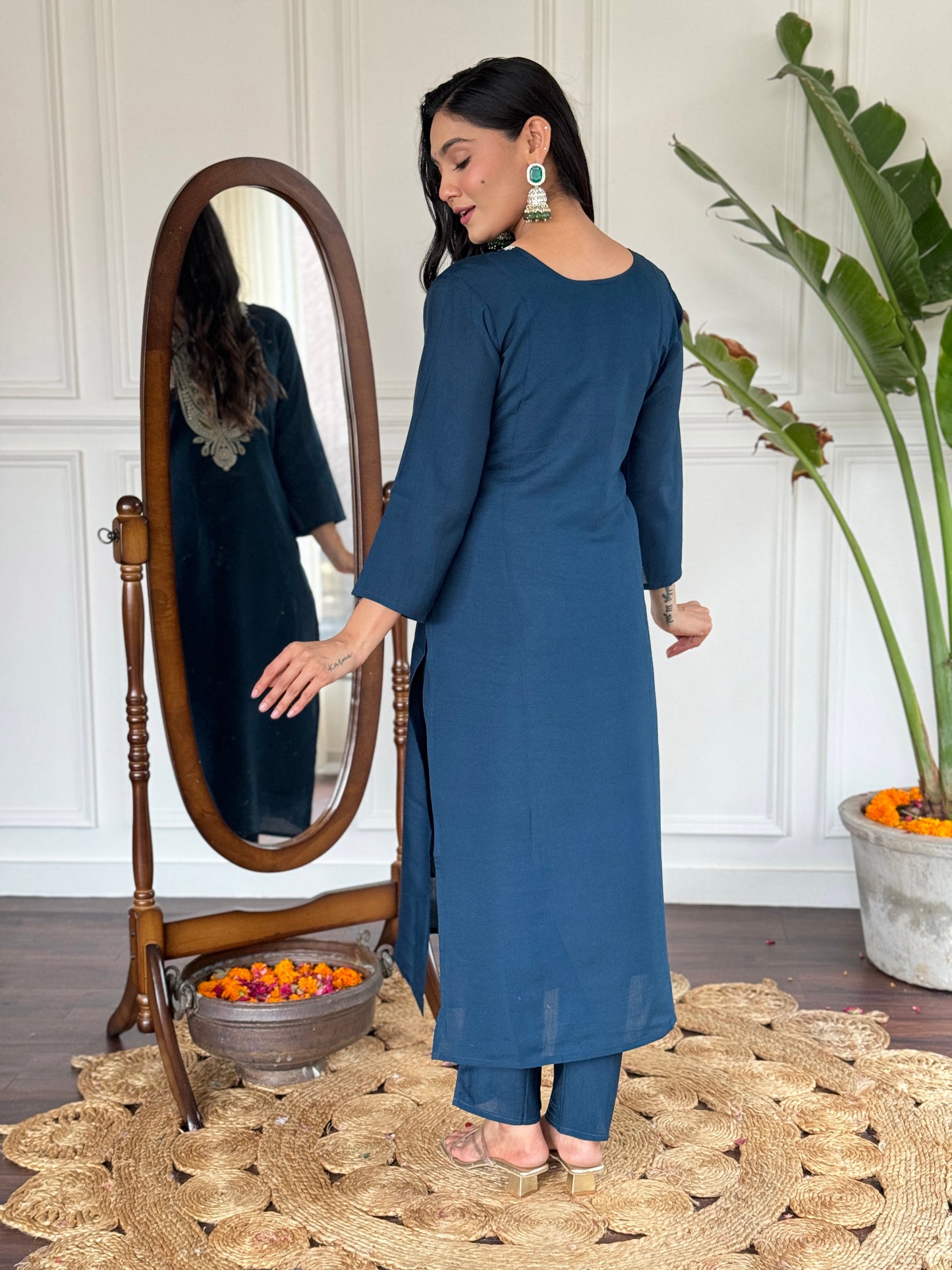 Blue Slub Magic Embroidered Straight Kurta with Slub Magic Pant And Dupatta Sets For Women