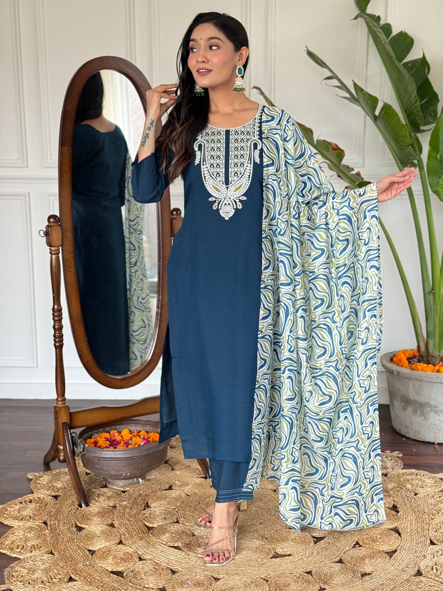 Blue Slub Magic Embroidered Straight Kurta with Slub Magic Pant And Dupatta Sets For Women