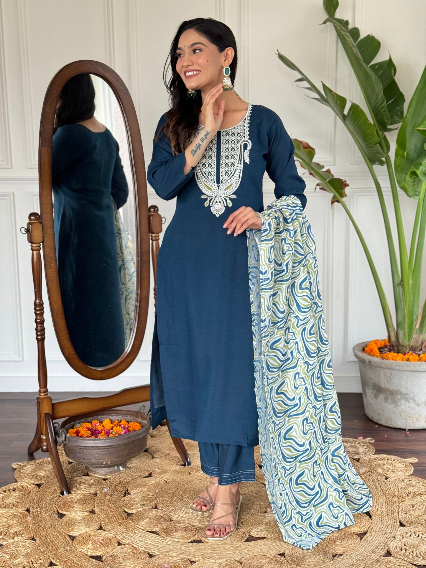 Blue Slub Magic Embroidered Straight Kurta with Slub Magic Pant And Dupatta Sets For Women