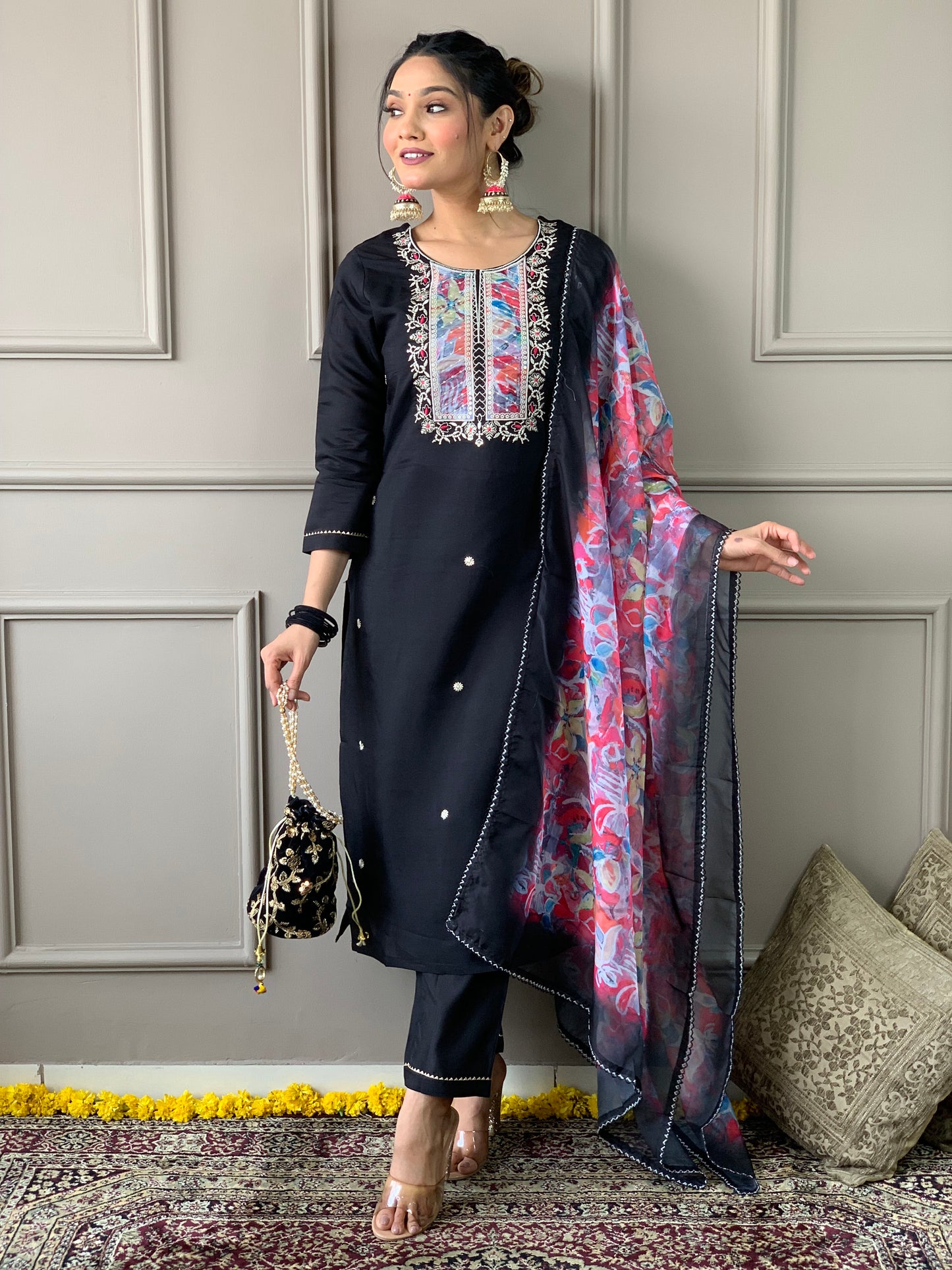 Black Rayon Slub Embroidered Straight Kurta With Rayon Slub Pant And Organza Printed Dupatta Sets Set for Women
