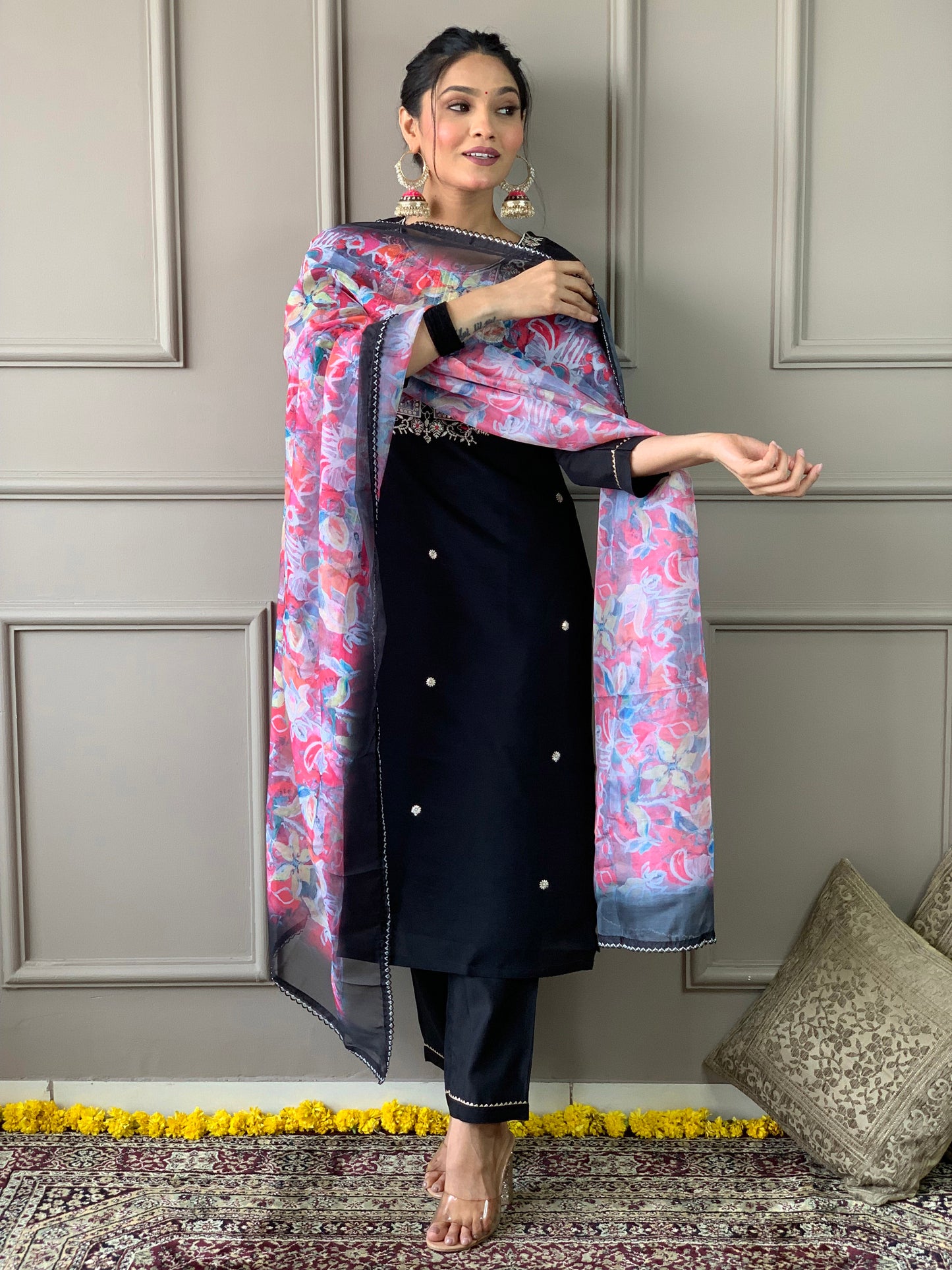 Black Rayon Slub Embroidered Straight Kurta With Rayon Slub Pant And Organza Printed Dupatta Sets Set for Women
