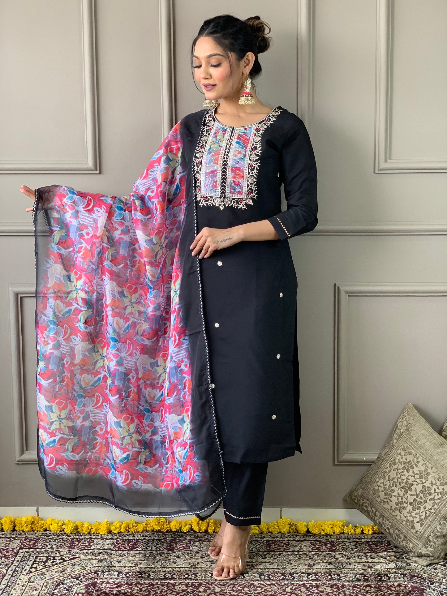 Black Rayon Slub Embroidered Straight Kurta With Rayon Slub Pant And Organza Printed Dupatta Sets Set for Women