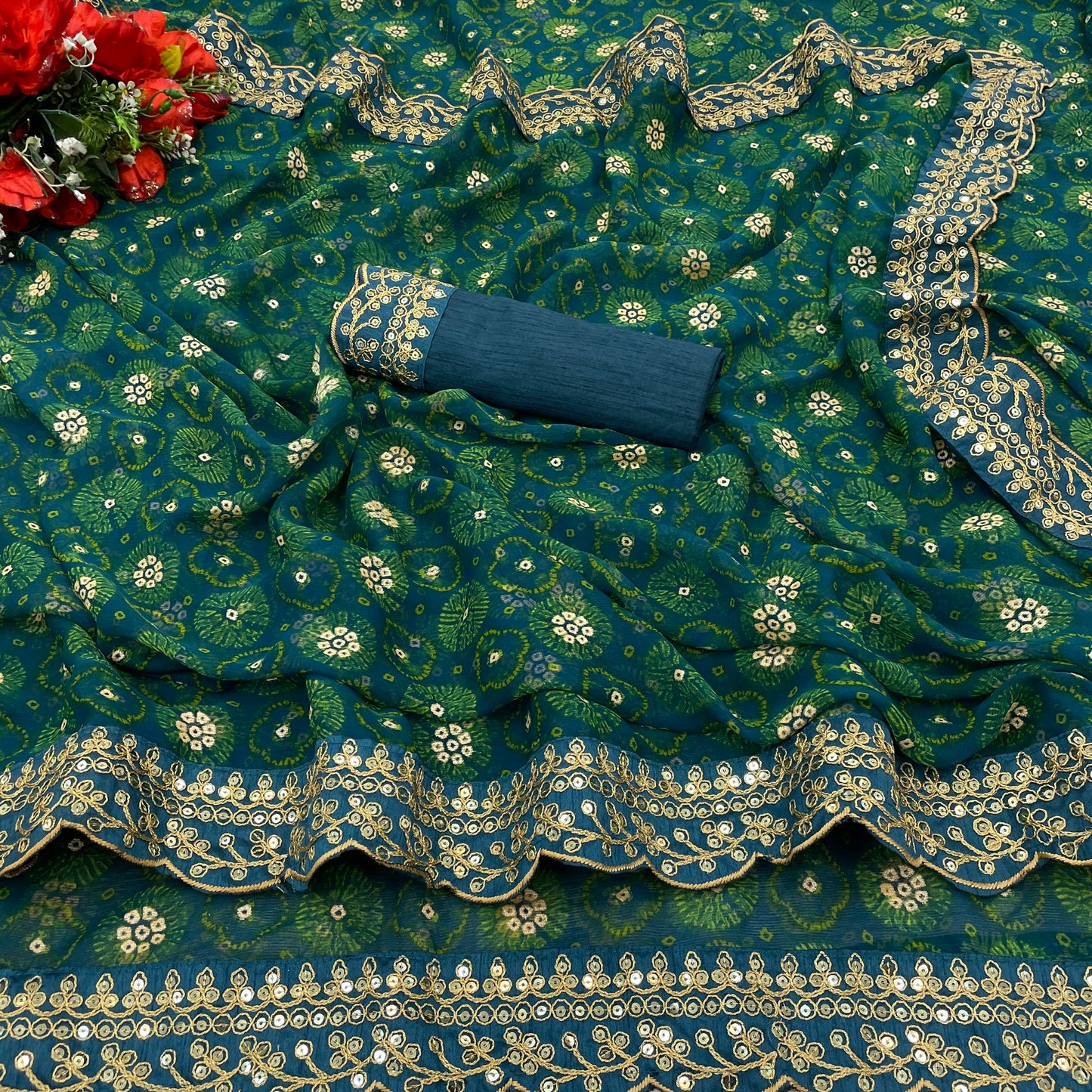Petrol Blue Floral Georgette Chiffon Saree With Unstitched Heavy Bengalori Sarttin Blouse