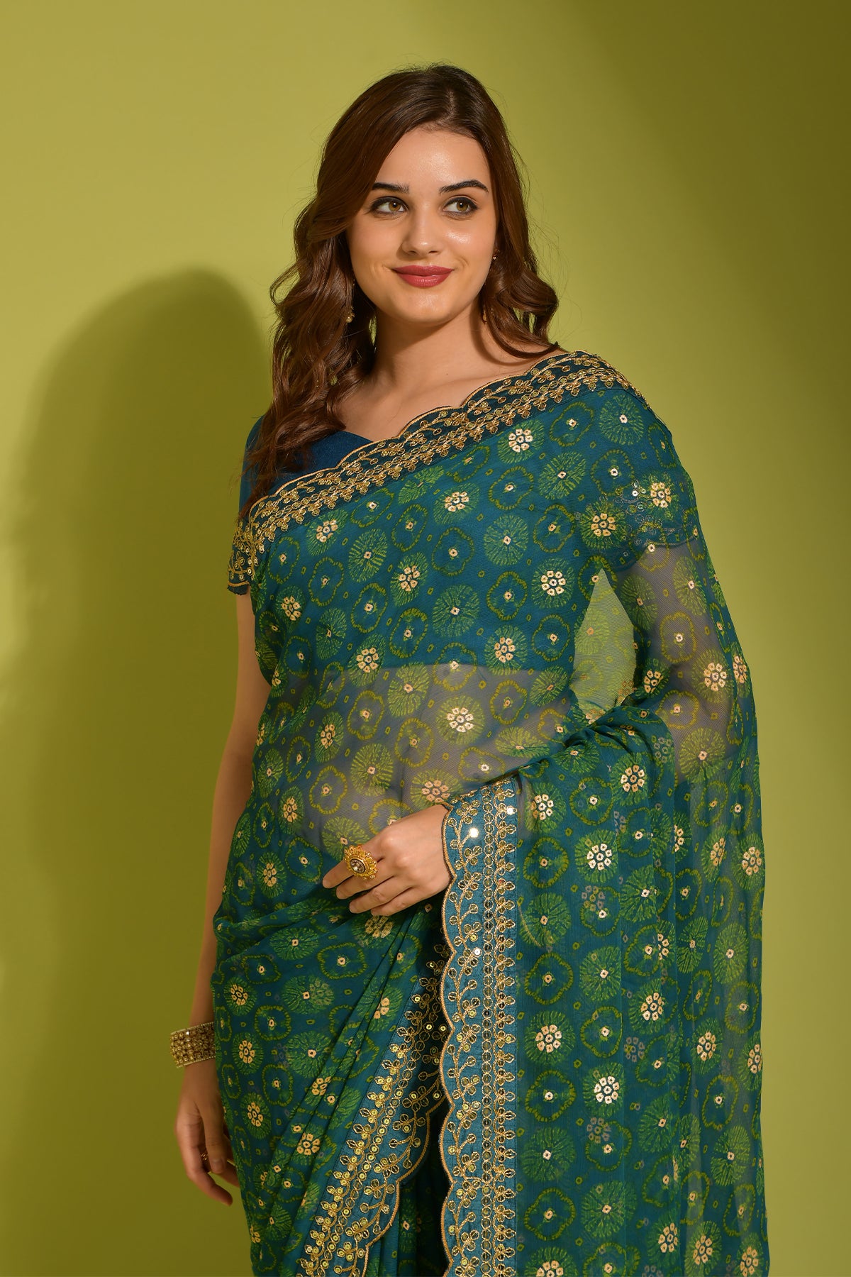 Petrol Blue Floral Georgette Chiffon Saree With Unstitched Heavy Bengalori Sarttin Blouse