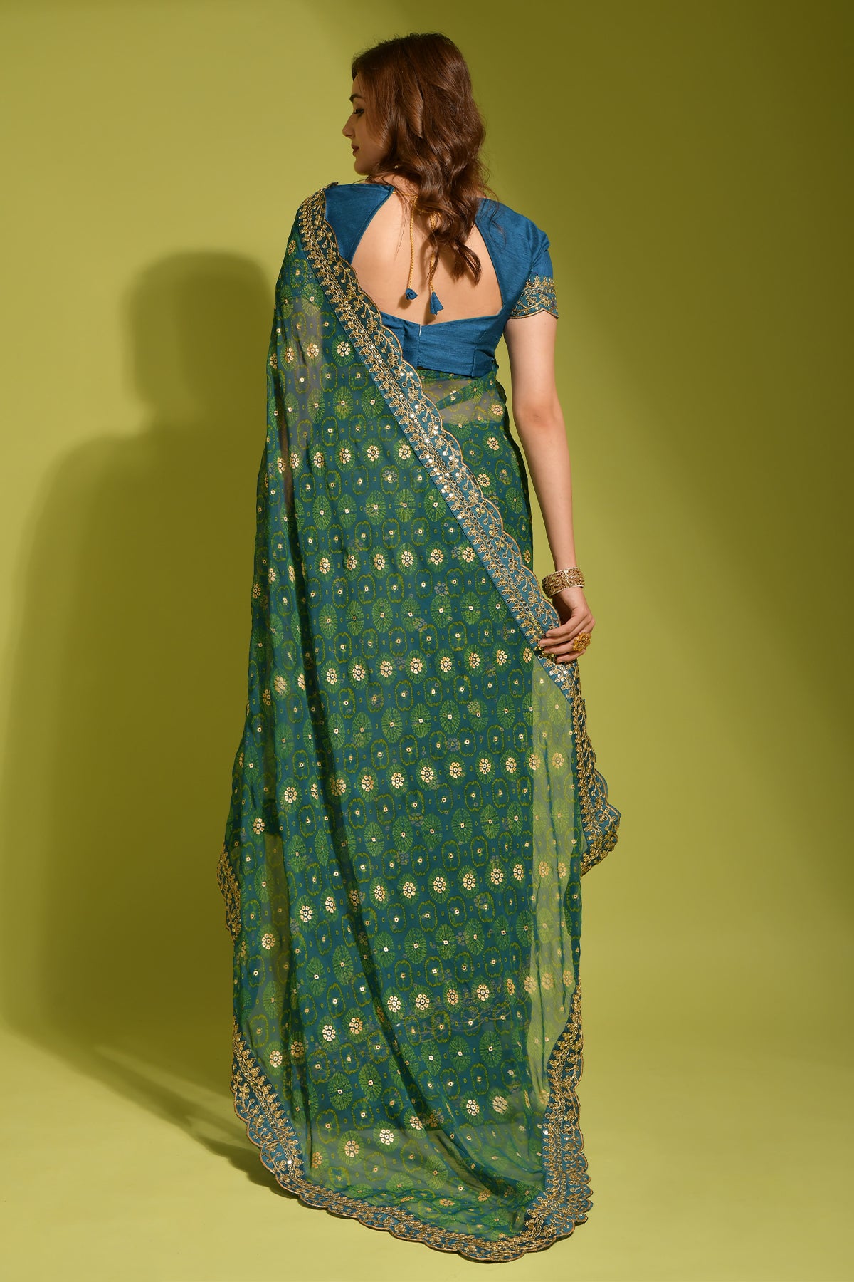 Petrol Blue Floral Georgette Chiffon Saree With Unstitched Heavy Bengalori Sarttin Blouse