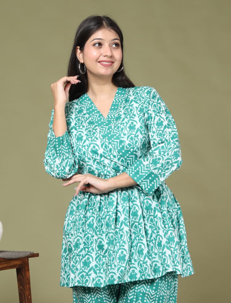 Flower Print Rayon Fabric Teal CoOrd Set Kurta Pant Set