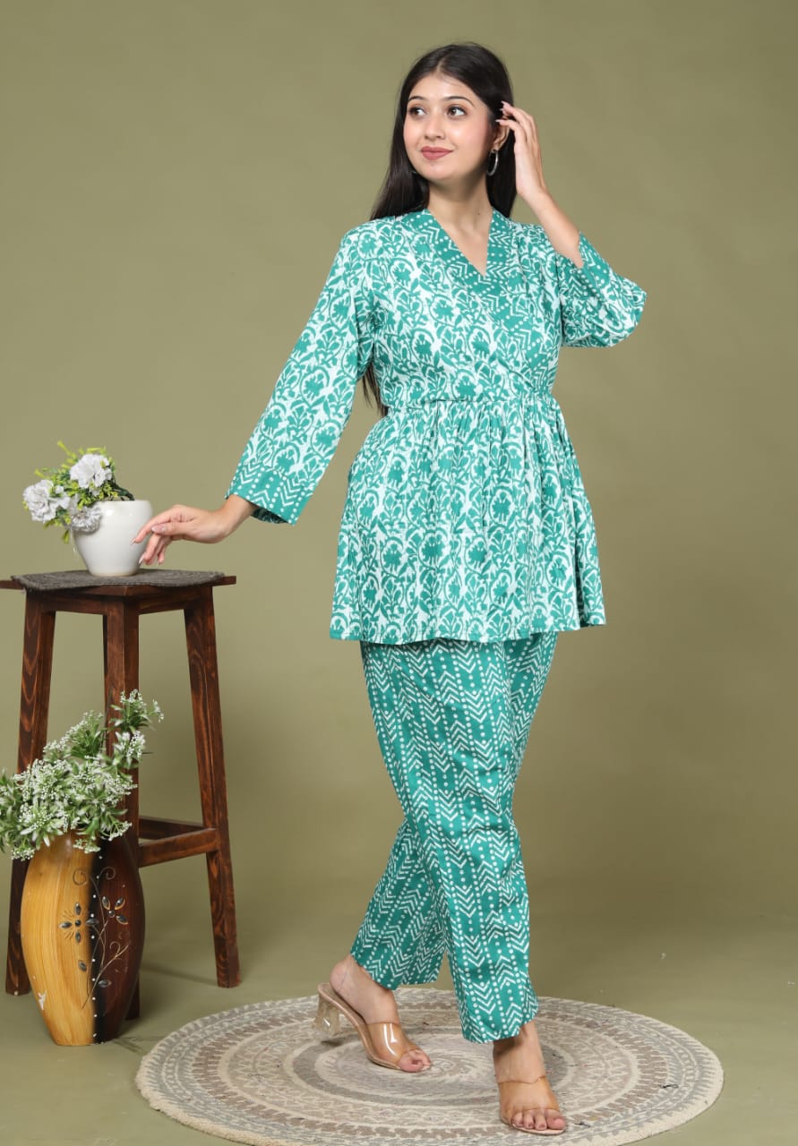 Flower Print Rayon Fabric Teal CoOrd Set Kurta Pant Set
