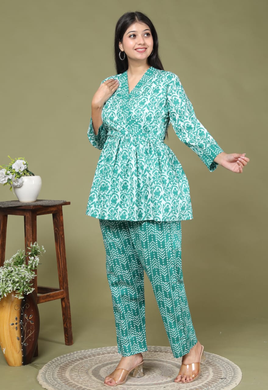 Flower Print Rayon Fabric Teal CoOrd Set Kurta Pant Set