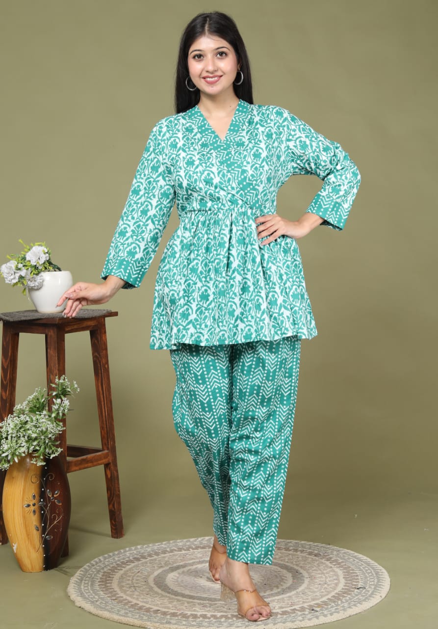 Flower Print Rayon Fabric Teal CoOrd Set Kurta Pant Set