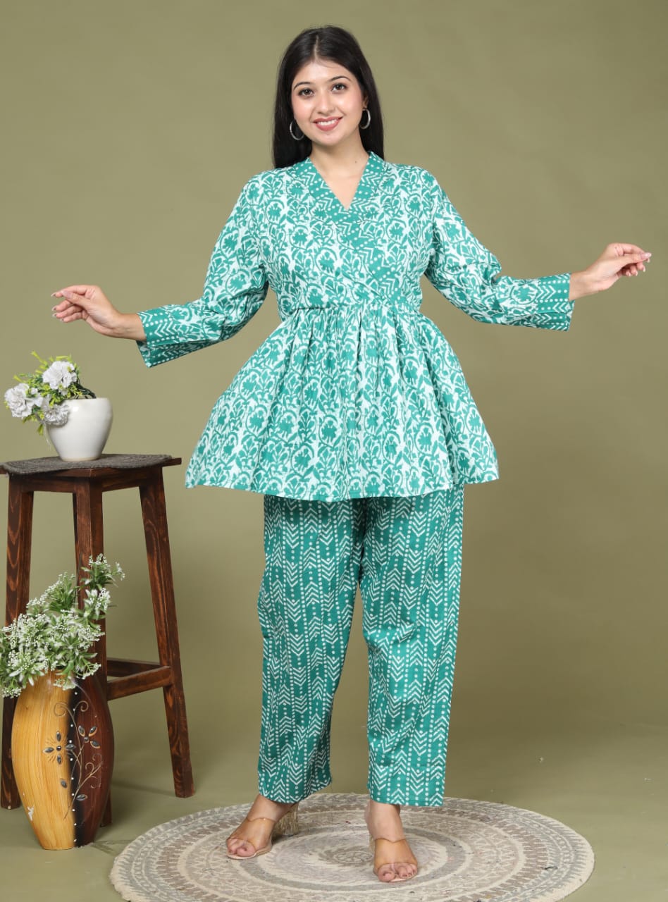 Flower Print Rayon Fabric Teal CoOrd Set Kurta Pant Set