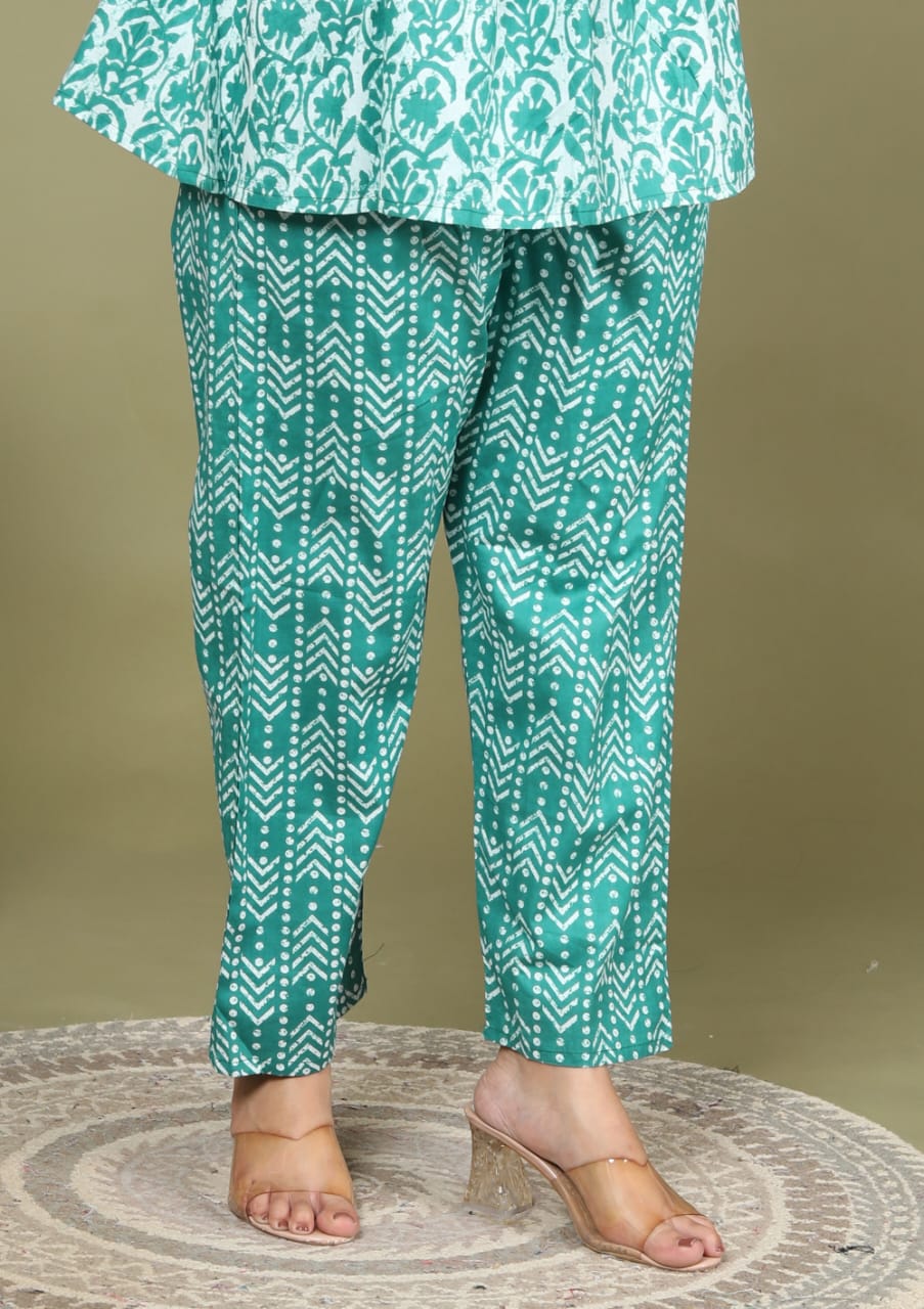 Flower Print Rayon Fabric Teal CoOrd Set Kurta Pant Set