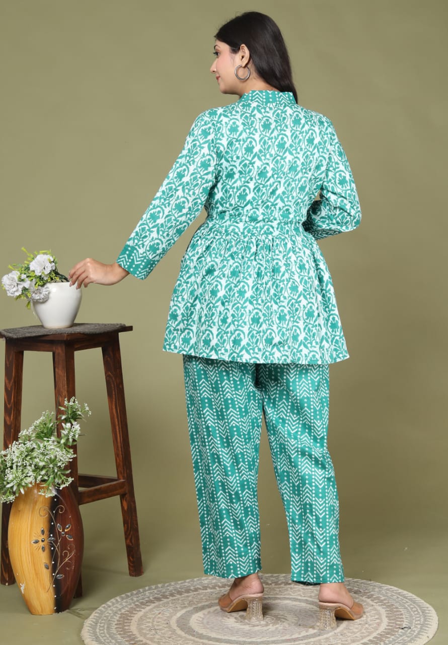 Flower Print Rayon Fabric Teal CoOrd Set Kurta Pant Set