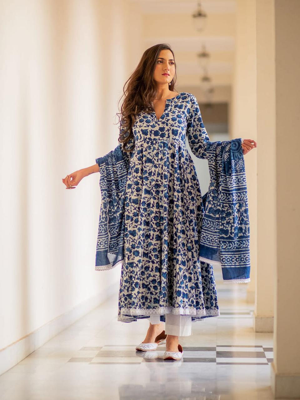Flower Print Rayon Fabric Blue Kurta Pant Set with Dupatta
