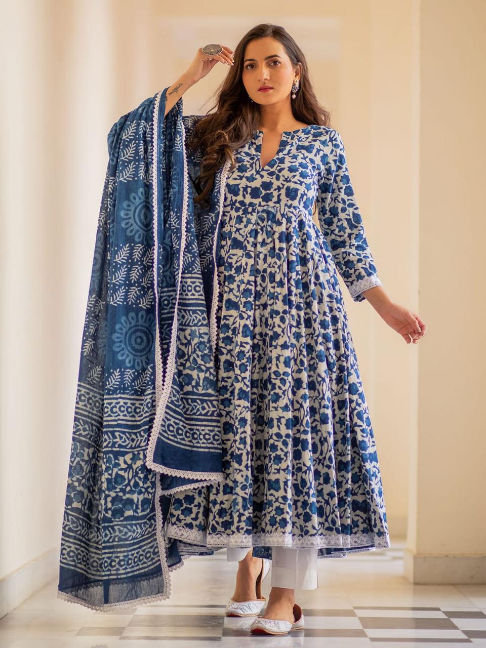 Flower Print Rayon Fabric Blue Kurta Pant Set with Dupatta