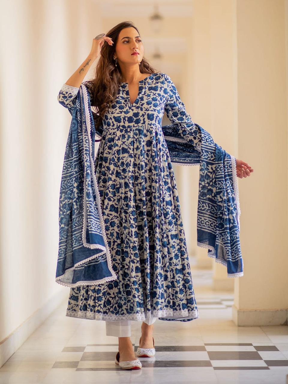 Flower Print Rayon Fabric Blue Kurta Pant Set with Dupatta