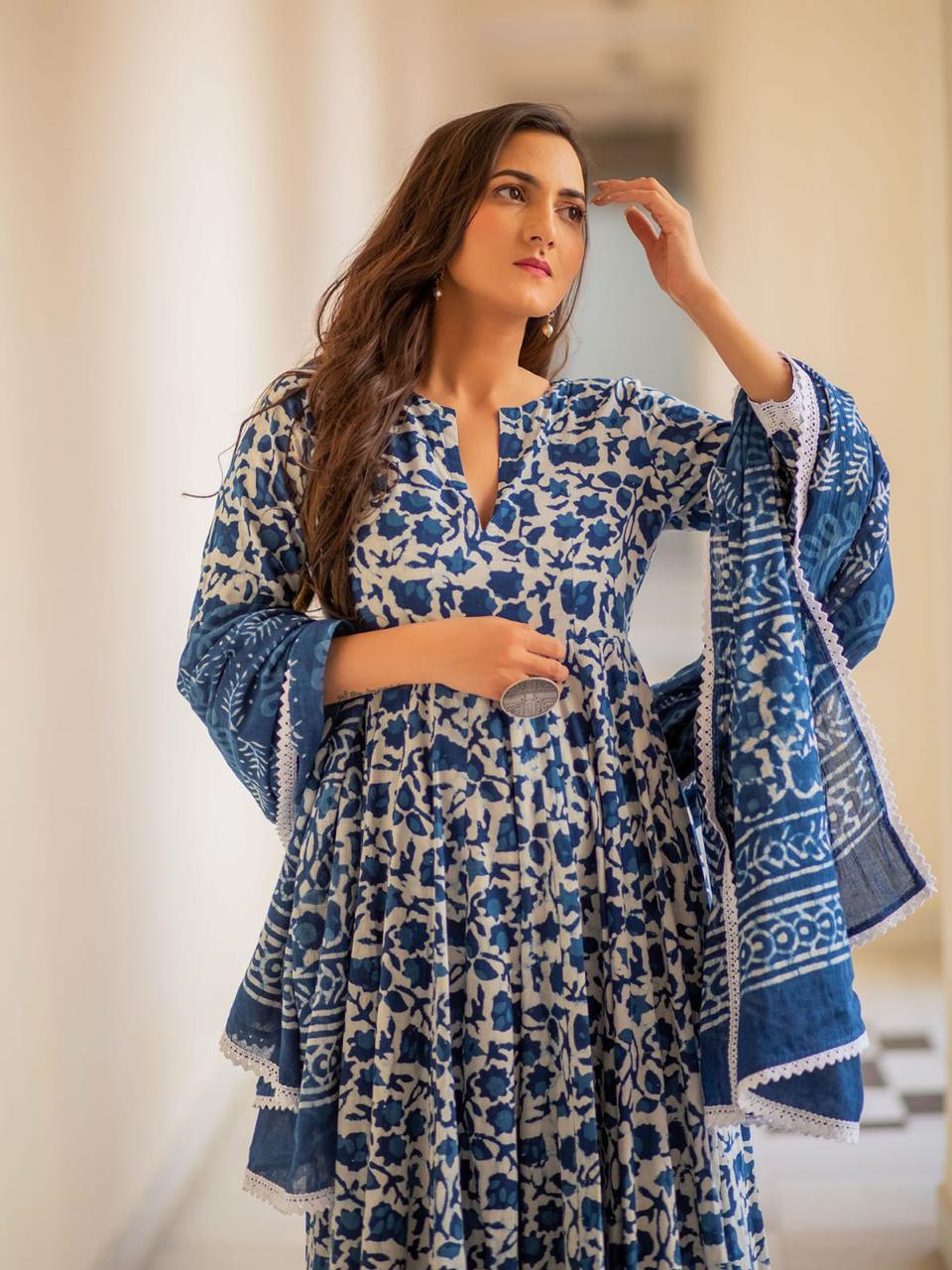 Flower Print Rayon Fabric Blue Kurta Pant Set with Dupatta