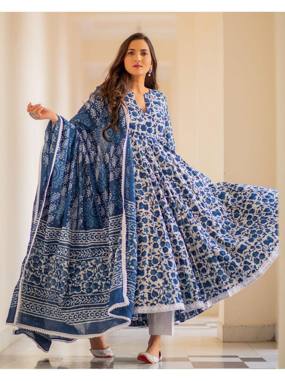 Flower Print Rayon Fabric Blue Kurta Pant Set with Dupatta