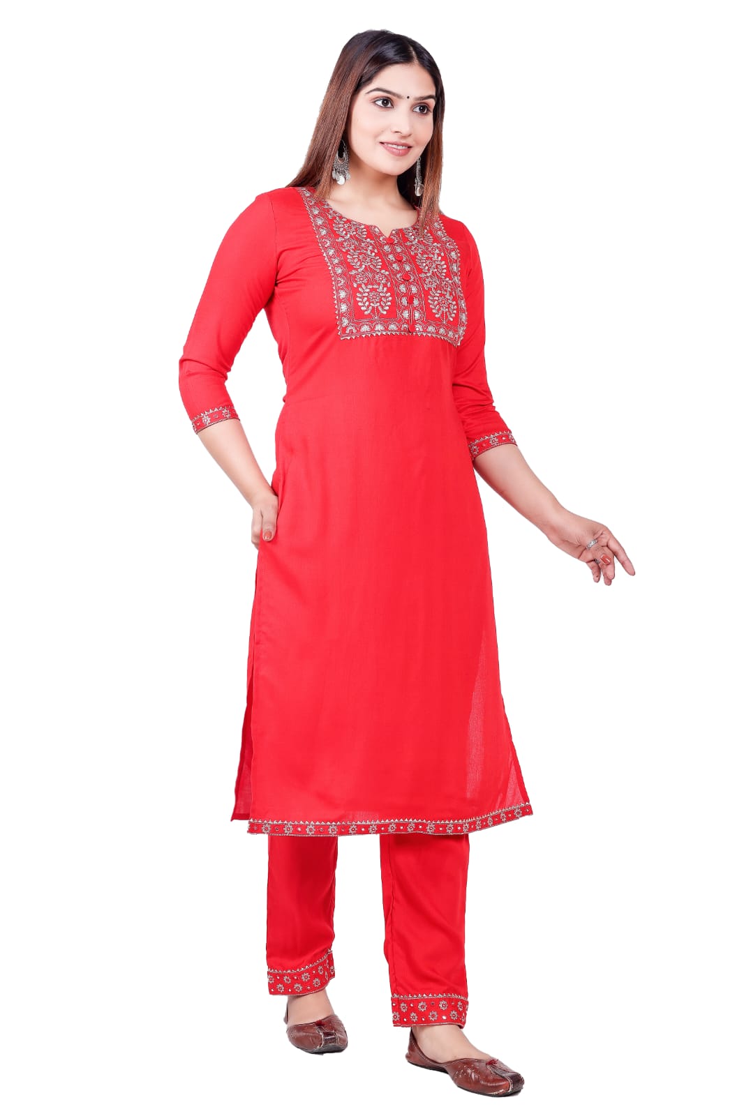 Solid Rayon Fabric Red Straight Kurta Pant Set