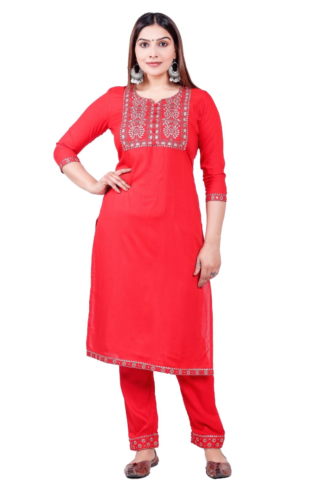 Solid Rayon Fabric Red Straight Kurta Pant Set