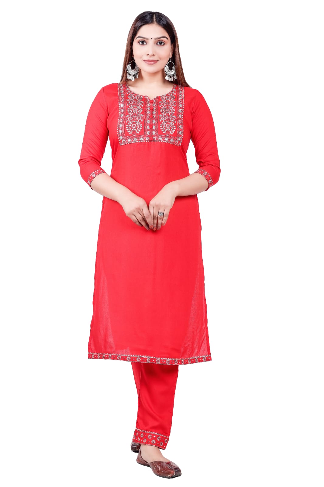 Solid Rayon Fabric Red Straight Kurta Pant Set