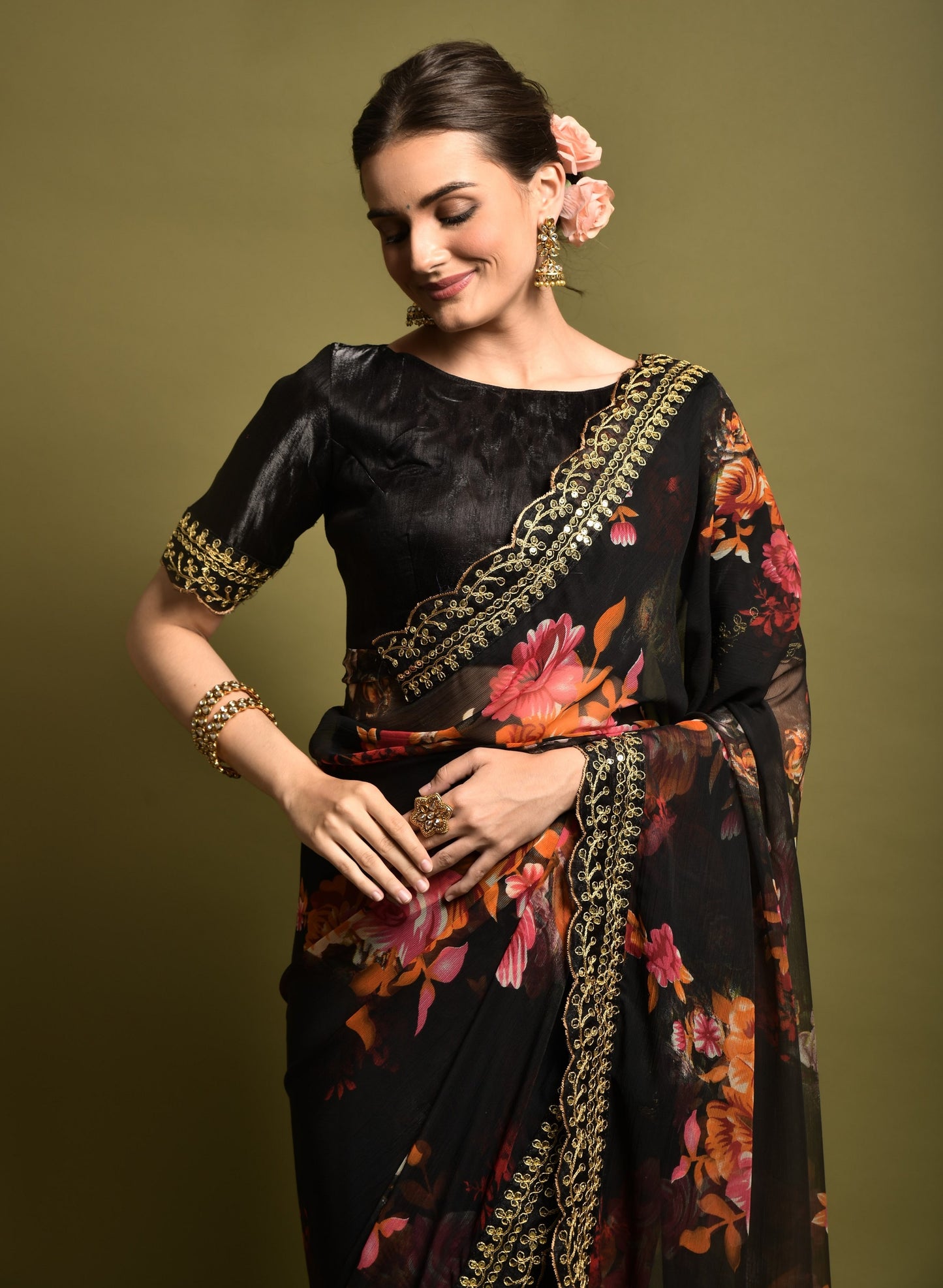 Black Floral Georgette Chiffon Saree With Unstitched Heavy Bengalori Sarttin Blouse