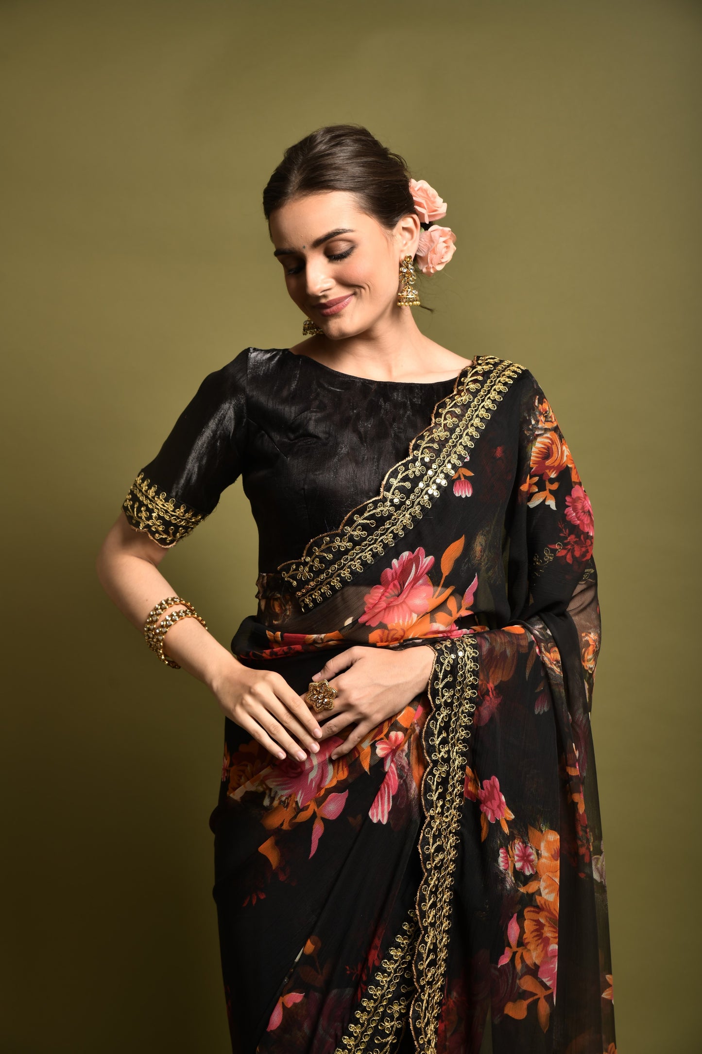 Black Floral Georgette Chiffon Saree With Unstitched Heavy Bengalori Sarttin Blouse
