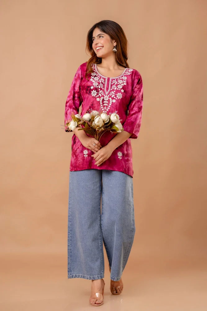 Pink Rayon Ladies Embroidered Short Kurti Set for Women