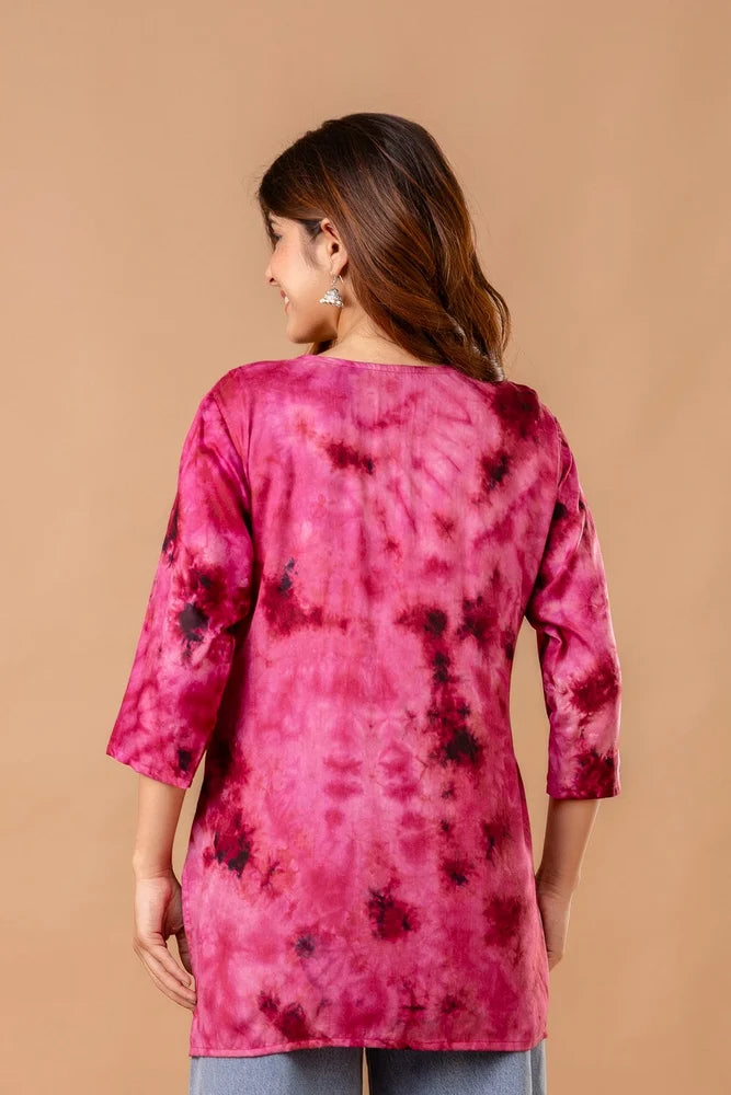 Pink Rayon Ladies Embroidered Short Kurti Set for Women