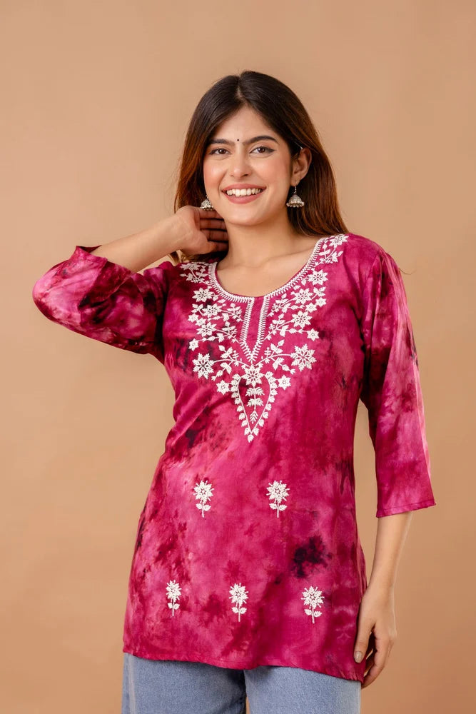 Pink Rayon Ladies Embroidered Short Kurti Set for Women