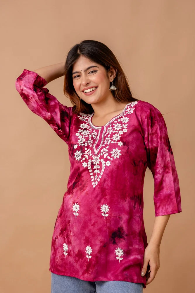 Pink Rayon Ladies Embroidered Short Kurti Set for Women
