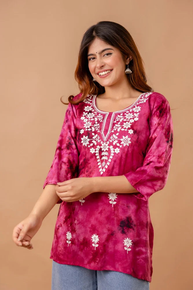 Pink Rayon Ladies Embroidered Short Kurti Set for Women