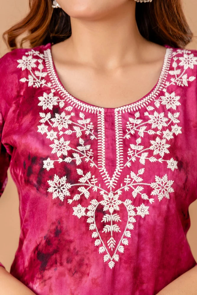 Pink Rayon Ladies Embroidered Short Kurti Set for Women
