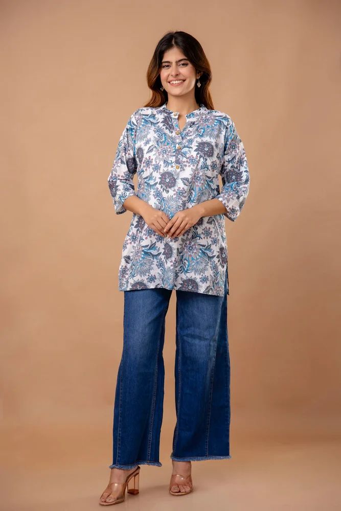 Grey Digital Printed Cotton Short Kurti Top Set for Women