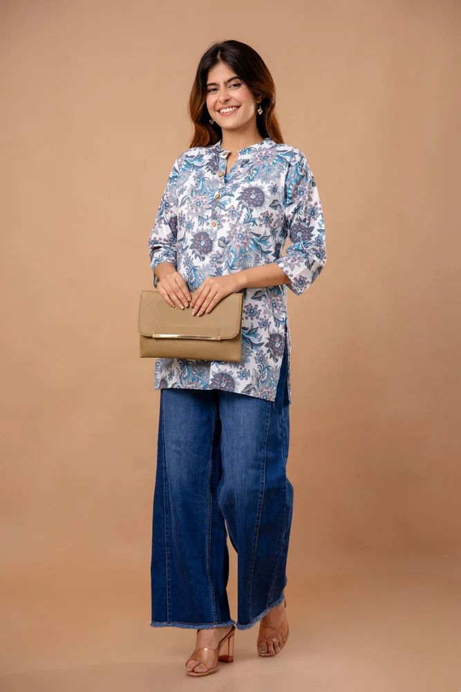 Grey Digital Printed Cotton Short Kurti Top Set for Women